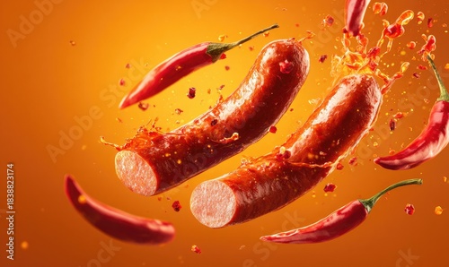 Spicy sausages and chili peppers in mid-air, with vibrant splashes