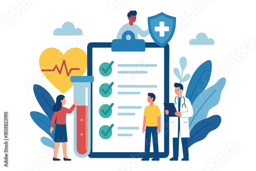 Healthcare team reviewing medical checklist with test tube, heart symbol, shield icon and patient during health evaluation process, flat vector illustration
