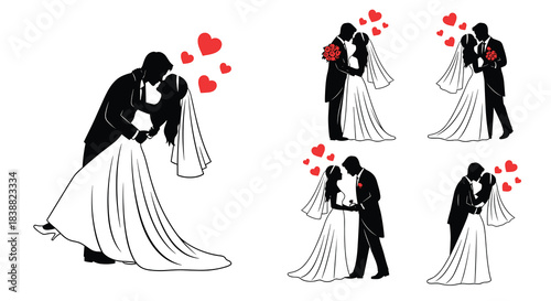 Set of romantic wedding silhouettes showing a bride and groom dancing, kissing, and embracing, with floating red hearts.