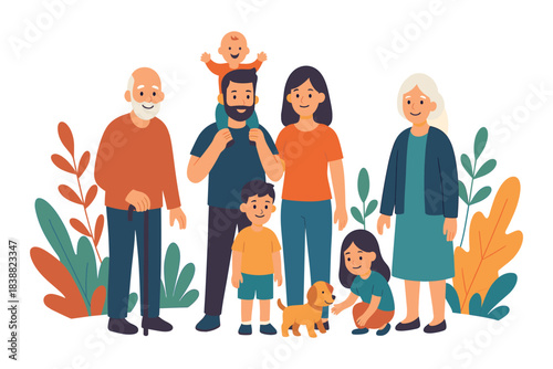 Large happy family of different ages standing together with children parents grandparents and small dog outdoors showing unity love and bonding, flat vector illustration