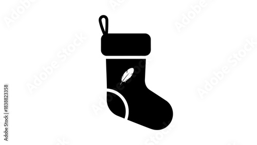 Black silhouette of a Christmas stocking with white accents against a plain white