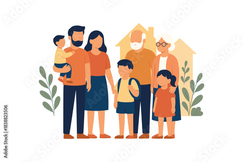 Large multigenerational family standing together showing unity support and bonding, flat vector illustration