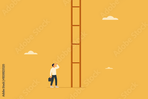 difficult step to take in business success with confused businessman thinking about climbing stairs with steps that are too far apart, taking too big a step concept illustration

