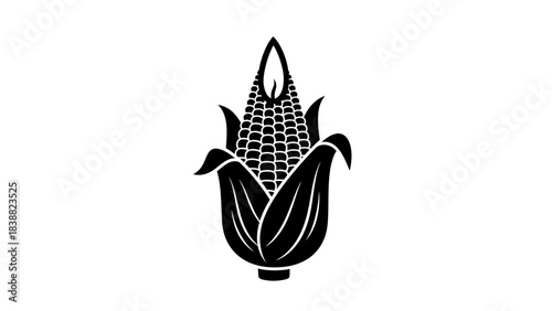 Black silhouette of an ear of corn with leaves on a white background.