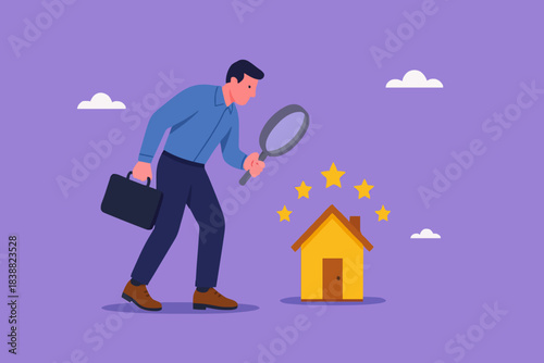 review of real estate or property for reasonable market value, Real estate appraisal, land or property valuation concept, businessman with magnifying glass assessing 5 stars real estate property