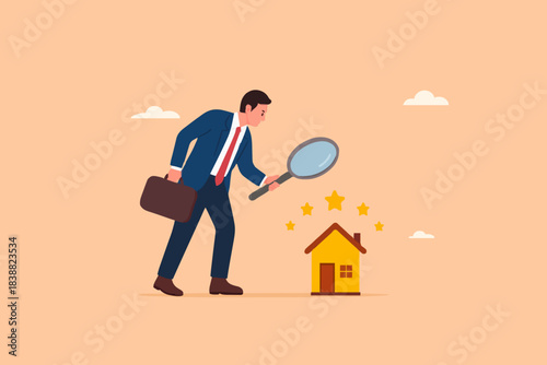 review of real estate or property for reasonable market value, Real estate appraisal, land or property valuation concept, businessman with magnifying glass assessing 5 stars real estate property