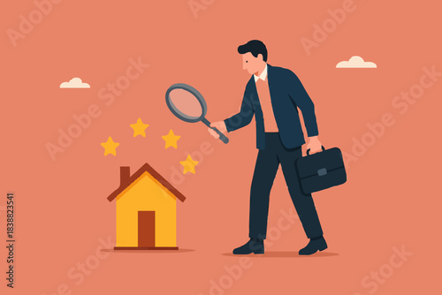 review of real estate or property for reasonable market value, Real estate appraisal, land or property valuation concept, businessman with magnifying glass assessing 5 stars real estate property