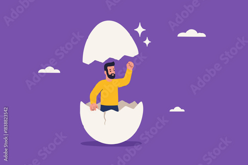 beginners businessman, beginner in starting a new business, newbie businessman comes out of a hatched egg concept vector illustration
