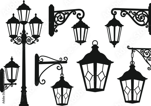 Collection of vintage street lamp silhouettes a set of ornate outdoor lighting fixtures for architectural and design projects isolated on white