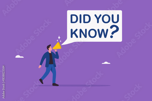 did you know, fun fact, expert information, explanation or solution, idea or advice message, useful knowledge or wisdom, useful tip, man talk on lightbulb megaphone on did you know speech bubble