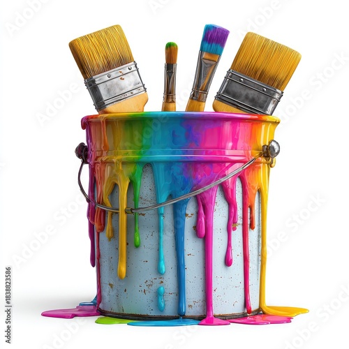 Paint-filled bucket with dripping vibrant colors and paintbrushes