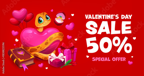 Valentine day sale banner with cheerful snake and gifts for promo, vector shop ad. Valentine day sale and love holiday discount promotion banner for special offer with cute snake, heart and flowers