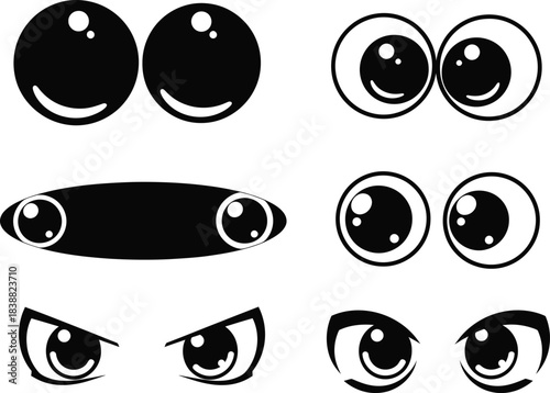 Set of cartoon eyes with different expressions shapes and styles in black and white vector illustration for animation or design projects