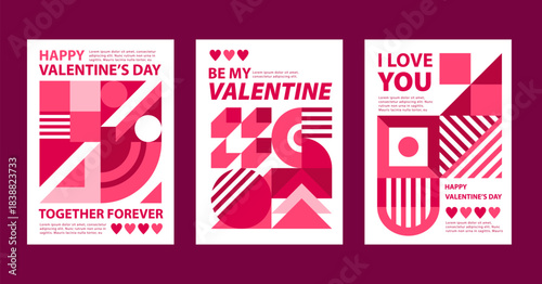 Valentine day banners with geometric shapes and hearts for love holiday, vector greeting cards. Happy Valentine day posters or covers with pink geometric heart shape pattern and love quotes