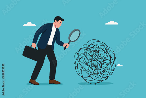 Analyze problems to find solutions or opportunities, look for the root cause of the problem, looking for the common thread of business problems, businessman examines messy lines with magnifying glass