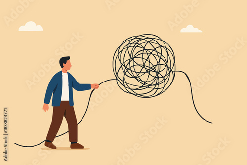 unravel complex problem, reduce business chaos problems by solving them gradually, businessman pulling messy strings to untangle problems concept vector illustration