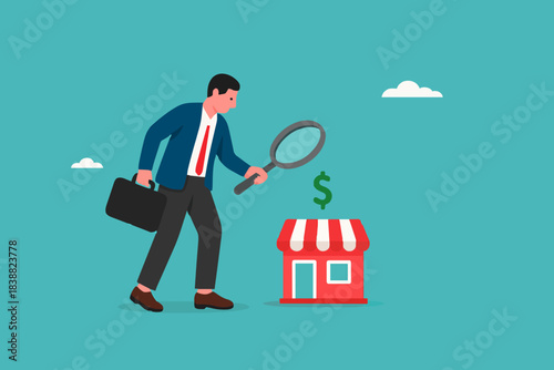 business evaluation, merger and acquisition to determine corporate valuation, revenue profit or business earning, analyze company worth or market value, businessman analyze company with dollar money