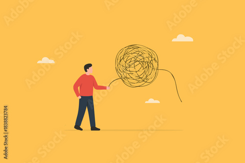 unravel complex problem, reduce business chaos problems by solving them gradually, businessman pulling messy strings to untangle problems concept vector illustration