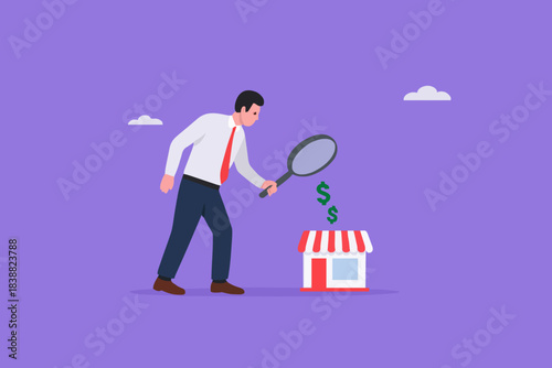 business evaluation, merger and acquisition to determine corporate valuation, revenue profit or business earning, analyze company worth or market value, businessman analyze company with dollar money