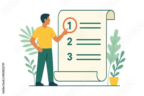Man pointing at the first item on a large numbered checklist scroll, flat vector illustration