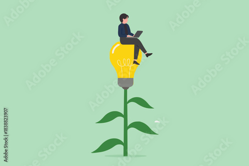 learn more knowledge to grow and success, study to get new skill, businesswoman studying on a light bulb plant concept vector illustration