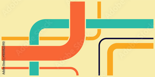 Abstract graphic design of colorful interconnected lines creating a complex network. Symbolizes data flow, system integration, and modern connections