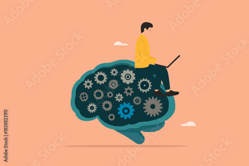 working with AI, artificial intelligence with future on the work, AI prompt engineer or robot assistance, technology helping or support success work, man working with laptop sitting on AI brain chip