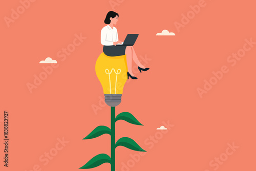 learn more knowledge to grow and success, study to get new skill, businesswoman studying on a light bulb plant concept vector illustration