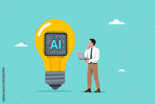 Introduction to AI, artificial intelligence to help and support work success, AI as the control center, innovation to change business, businessman presents light bulb idea with AI chip
