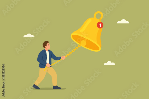 ring a bell, Get reminder notifications for new social media content by ringing the subscription bell, man pulls the notification bell chain to get a reminder concept vector illustration