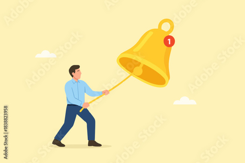 ring a bell, Get reminder notifications for new social media content by ringing the subscription bell, man pulls the notification bell chain to get a reminder concept vector illustration