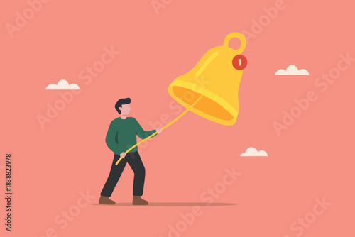 ring a bell, Get reminder notifications for new social media content by ringing the subscription bell, man pulls the notification bell chain to get a reminder concept vector illustration