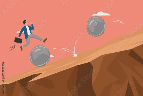 overcome obstacle on business growth for career success, leadership skill concept, effort or adversity for business growth, businessman jump over falling boulder to climb up hill of success