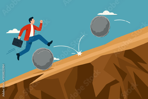 overcome obstacle on business growth for career success, leadership skill concept, effort or adversity for business growth, businessman jump over falling boulder to climb up hill of success