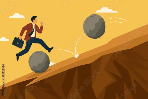 overcome obstacle on business growth for career success, leadership skill concept, effort or adversity for business growth, businessman jump over falling boulder to climb up hill of success