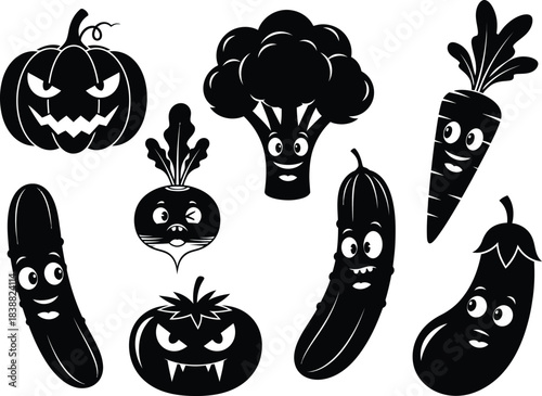 Spooky vegetable cartoon characters for halloween featuring pumpkin broccoli carrot beet tomato cucumber and eggplant in black and white
