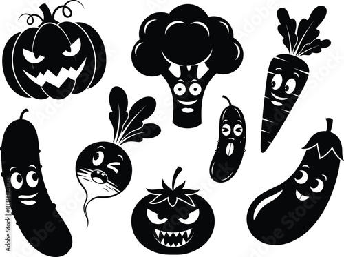 Spooky vegetable cartoon characters for halloween with smiling faces including pumpkin carrot broccoli tomato eggplant cucumber and radish silhouettes