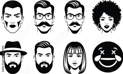 Diverse faces in black and white a collection of stylized portraits and an emoji for creative projects