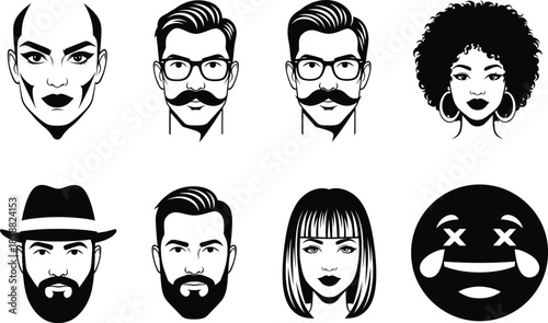 Diverse collection of stylized portrait illustrations in black and white featuring various hairstyles facial features and expressions isolated on white