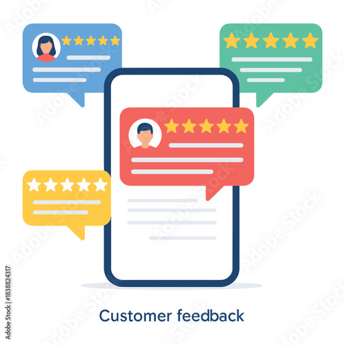 Online customer rating messages on smartphone with multiple review bubbles and star evaluations, flat vector illustration