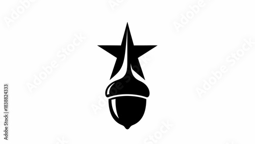 Black and white graphic illustration of an acorn with a star on top against a plain white