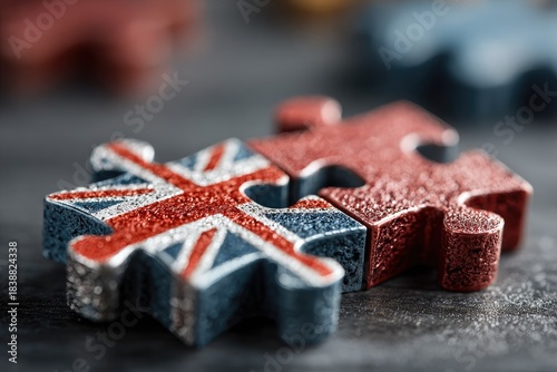 Two puzzle pieces, one with a flag design, joined together on a dark surface
