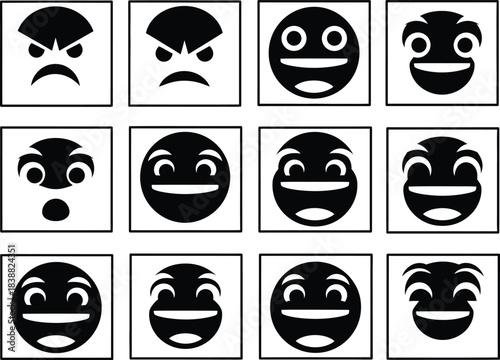 A collection of black and white emoji icons displaying a range of emotions from anger to happiness in a grid format