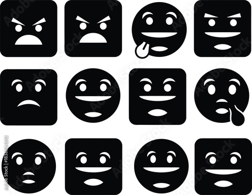 Black and white emoji set featuring various expressions including anger happiness sadness and silliness for digital communication