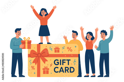 People celebrating reward gift card, joyful group receiving presents and bonus voucher, festive appreciation scene, flat vector illustration