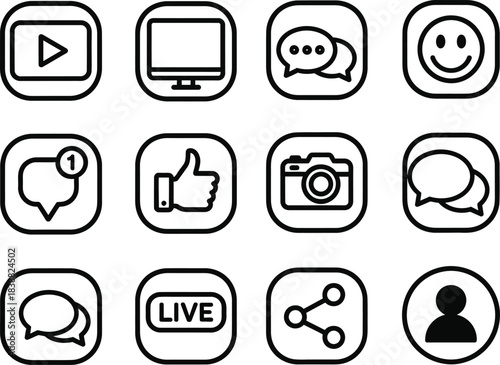 Collection of social media and communication icons in outline style on a white background for digital platforms and applications