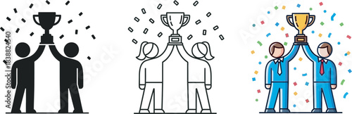 Teamwork and success illustration depicting collaborative achievement with a golden trophy celebration
