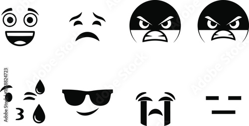 Set of black and white emoji icons expressing various emotions like happiness sadness anger love and indifference on a white background
