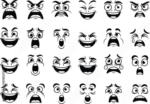 Collection of cartoon faces expressing various emotions in black and white line art perfect for animation comics or educational materials