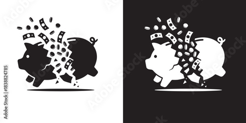 Broken piggy bank with money flying out, symbolizing financial loss or bankruptcy.